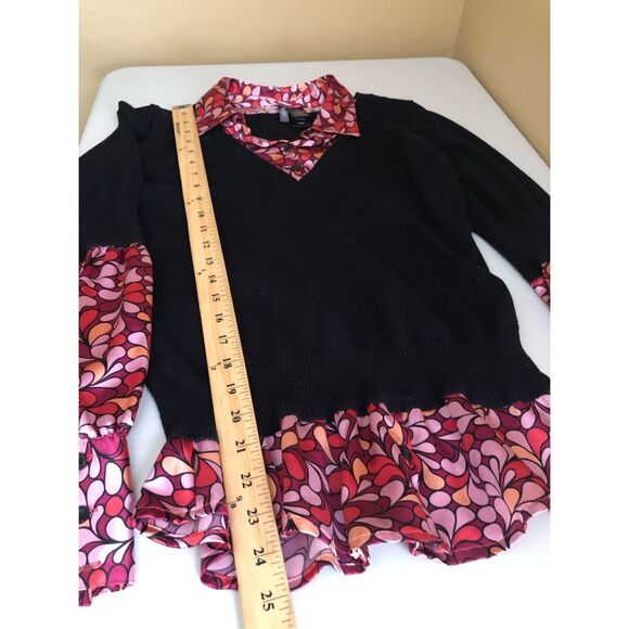 Bisou Bisou Michele Bohbot Sweater Size M Faux Collared Shirt Black V-Neck - Picture 9 of 11
